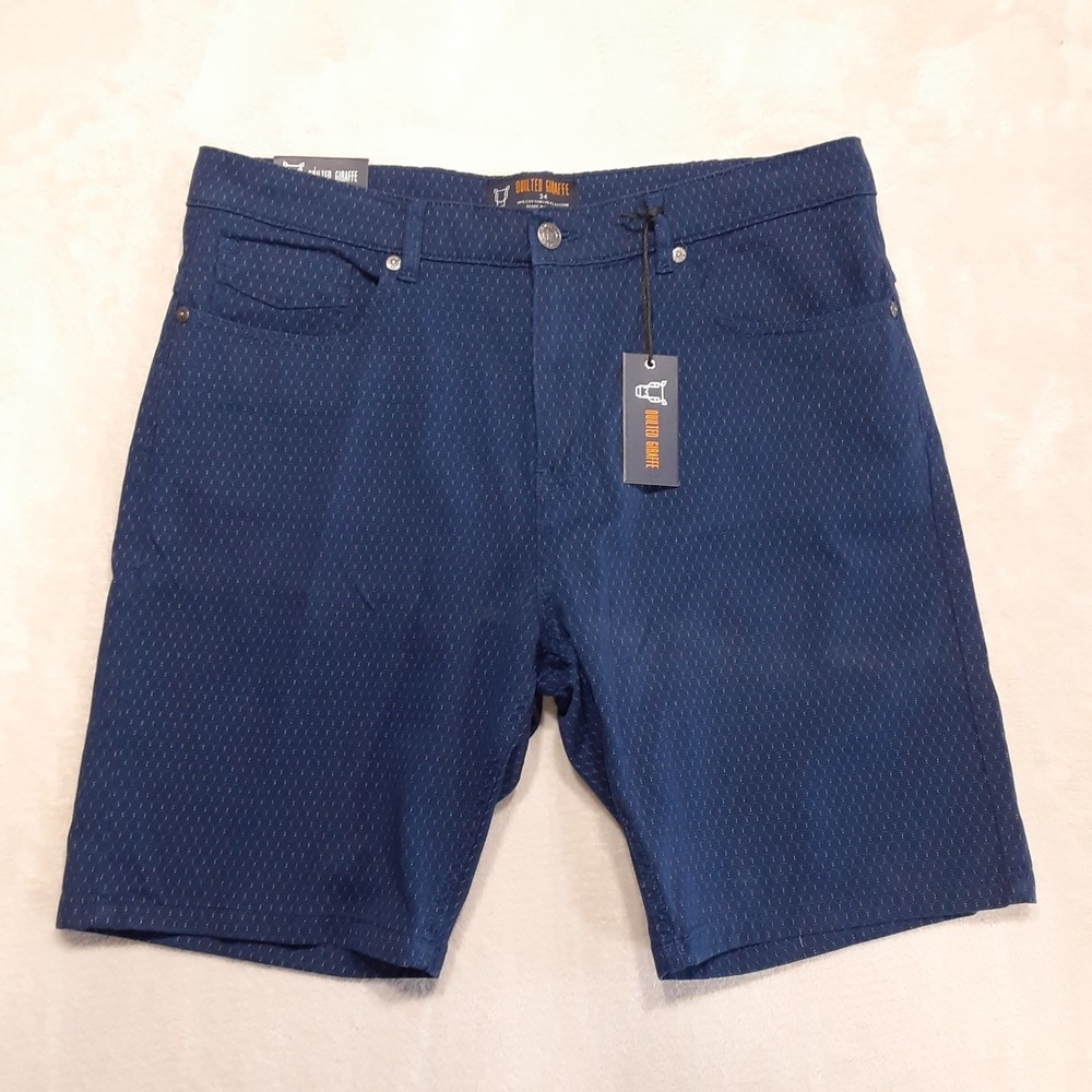 Quilted Giraffe Mens Stretch Bermuda Short 34 Navy Blue Dotted Pattern 9" Inseam
